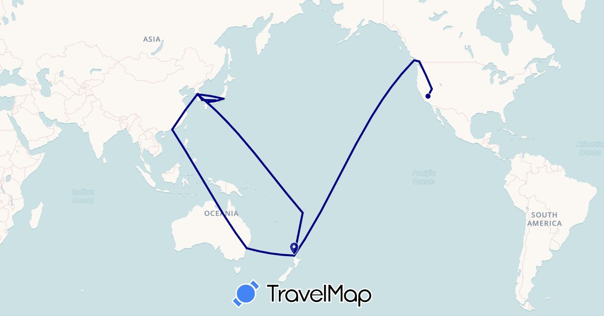 TravelMap itinerary: driving in Australia, Canada, China, Fiji, Japan, South Korea, New Zealand, United States (Asia, North America, Oceania)